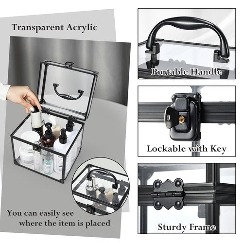 FRENESSA Portable Makeup Case Clear Crown Box Cosmetics Display Case Toiletry Organizer Box Transparent Acrylic Artists Train Case Travel Makeup Tools Storage for Vanity Bathroom Counter Dresser Case