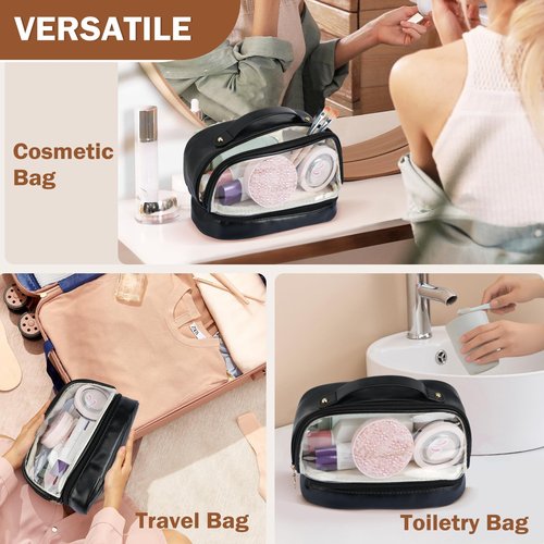 Yowivon Black Makeup Bag Organizer Travel Clear Cosmetic Bags for Women, Leather Waterproof Travel Size Skincare Make Up Bag Toiletry Bag, Graduation Birthday Gifts for Women Girls