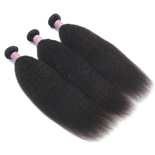 Kinky Straight Human Hair Bundles 16Inch Yaki Straight Human Hair Extensions 1 Bundles Unprocessed 100% Brazilian Virgin Kinky Straight Human Hair For Black Women Natural Black