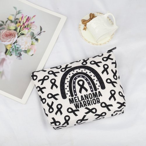 Melanoma Cancer Awareness Gift Black Ribbon Skin Cancer Survivor Bag Melanoma Warrior Makeup Bag Melanoma Awareness Zipper Bag (Melanoma Warrior)