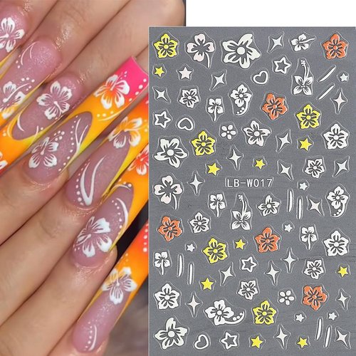 3D Hibiscus Flower Nail Art Stickers - Self-Adhesive Gold, Pink, White Design Decals for Women's Nail Decoration - 4 Sheets