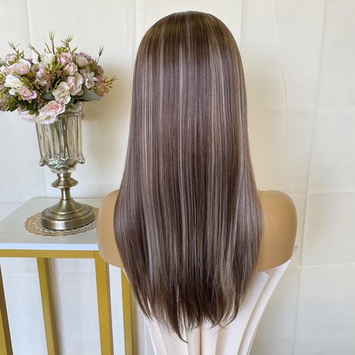 CIMITIKI Ash Brown Wigs Mixed Platinum Color Highlight Silk Straight 13x4 Lace Front Wig Synthetic Fiber 18Inch Pre Plucked Hairline for Women