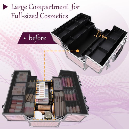 Joligrace Professional Makeup Train Case, Pink Rhinestone Pattern, Aluminum Frame, 12.5x8.2x7 Inch, 4 Adjustable Trays, Lockable, Travel Organizer