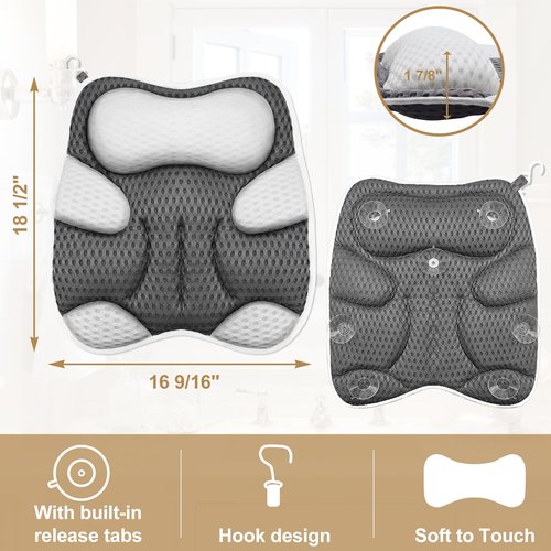 ZYIDBNG Bath Pillow for Tub Ergonomic Cat Shape Design Bath Pillow for Head and Neck Support SPA Gift Bathtub Pillow 4D Air-Mesh with 7 Suction Cups Washable Gray