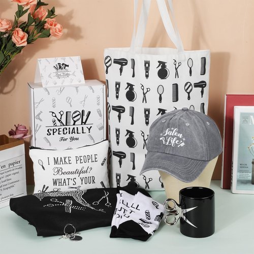 Blosssound 9 Pcs Hairdresser Gifts Set Hair Stylist Gifts with Socks Keychain Scissors Coffee Mug and Apron Makeup Bag Cards Inspirational Graduation Gift Salon Present for Hairdresser