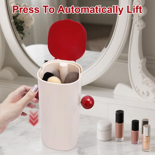 Osuke Makeup Brush Holder Organizer with Lid,Makeup Organizer with One Touch Open,4 Slot Make up Brushes Cup for Cosmetics, Make Up Brush, Bathroom Vanity Desktop Dustproof Organizers