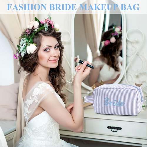 Etercycle Bride Makeup Bag, Blue Striped Cosmetic Bag Embroidery Bridal Shower Gifts, Large Travel Make Up Bags with Inside Pockets Toiletry Bag for Women Wedding Engagement Bachelorette Party