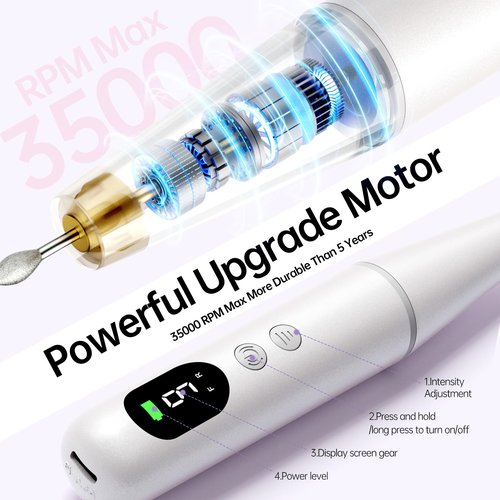 Electric Nail Drill Kit Professional - 9 Speed Cordless Electric Nail File with LED Display, Portable Nail Drill Machine for Acrylic Gel Nails, Hand Feet Trimmer Buffer Tool for Women Men Baby White