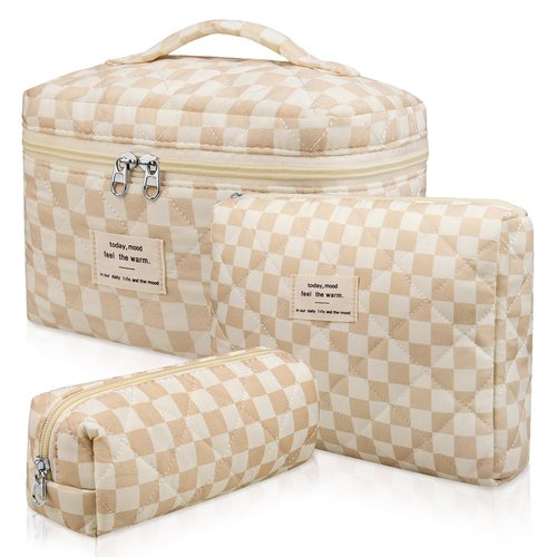 Gosect 3pc Makeup Bag Set, Quilted Makeup Bag Set, Large Floral Cosmetic Bag for Women, Cute Cotton Makeup Bags, Flower Travel Toiletry Organizer Bag (Checkered)