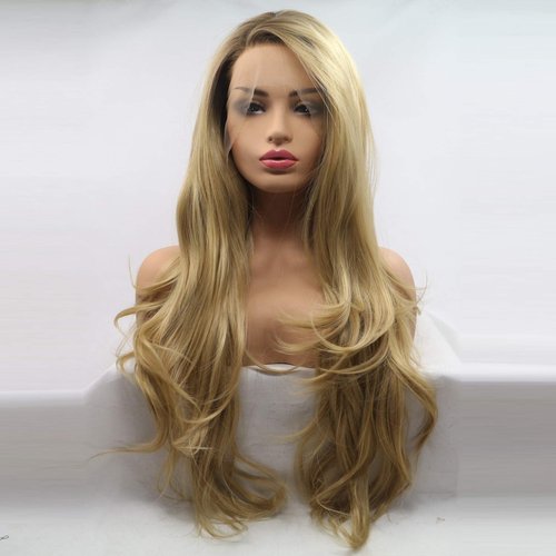 Xiweiya Long Blonde Synthetic Lace Front Wig - Wavy Side Part With Brown Root - Hair Replacement for Women, Drag Queen Makeup (24 Inch)