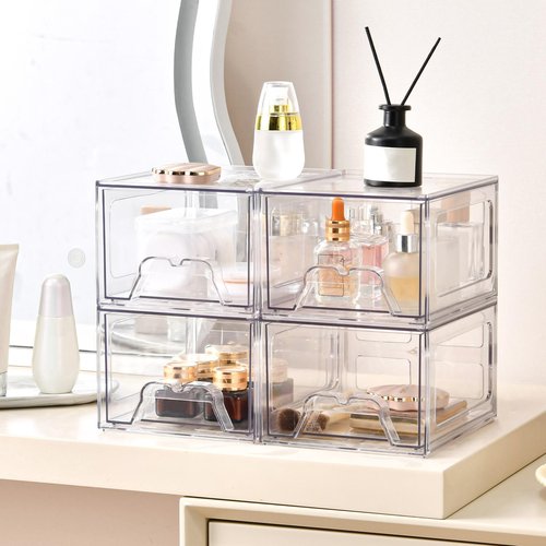 KOKOIN Stackable Makeup Organizer Storage Drawers Set of 4, Clear Plastic Organizer Bins for Beauty Supplies,Ideal for Vanity, Bathroom,Cabinet,Pantry Organization (4 Short)