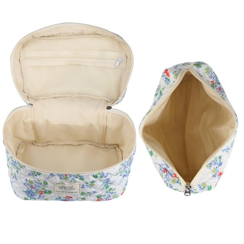 NATINSA Cute Makeup Bag for Women(2 Pcs), Travel Cosmetic Bags, Quilted Coquette Aesthetic Floral Toiletry Organizer Bag (Red & Green)
