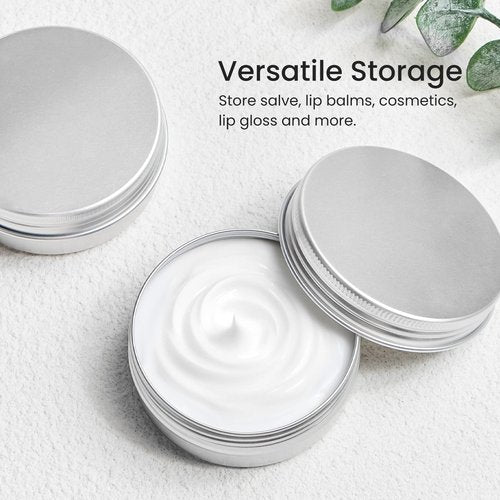 TUZAZO 48Pack 2 Oz Aluminum Tin Cans with Screw Lid and Labels, Refillable Travel Sized Cosmetic Containers Small Tins for Salves, Lotion Bars, Beard Balms, Candles