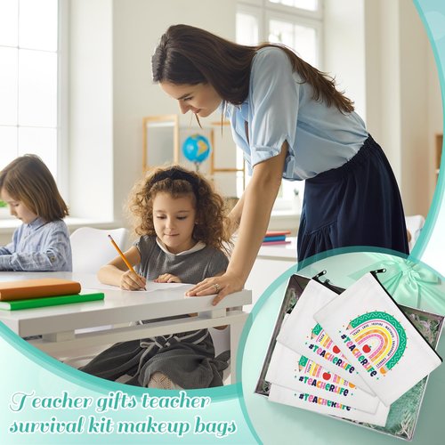 Saintrygo 28 Pcs Teacher Survival Kit Bags Teacher Appreciation Gifts in Bulk Rainbow Canvas Makeup Bags with Zipper Cosmetic Toiletry Bag Pouch Thank You Gifts for Women Thanksgiving Travel Supplies