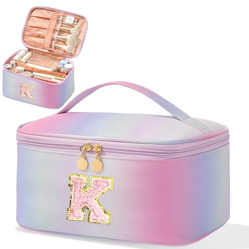 Meiyuuo Large Makeup Bag Portable Preppy Rainbow Colour Travel Pro Cosmetic Pouch Cute Cow Print Personalized Toiletry Organizer with Removable Divider for Women Initials Letter K Gradient Pink