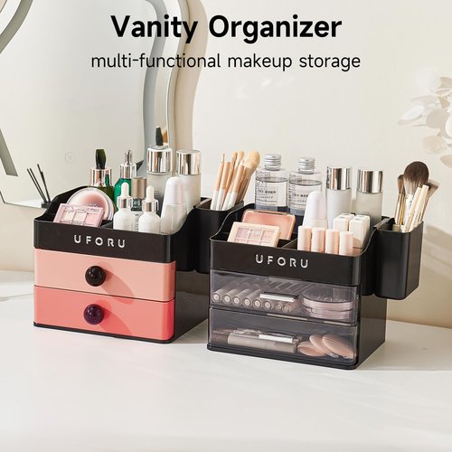 UFORU Makeup Organizer for Vanity with Brush Holder, Countertop Skincare Organizer with 2 Drawers, Spacious Cosmetic Display Case for Perfumes, Cologne, Shaving Lotion
