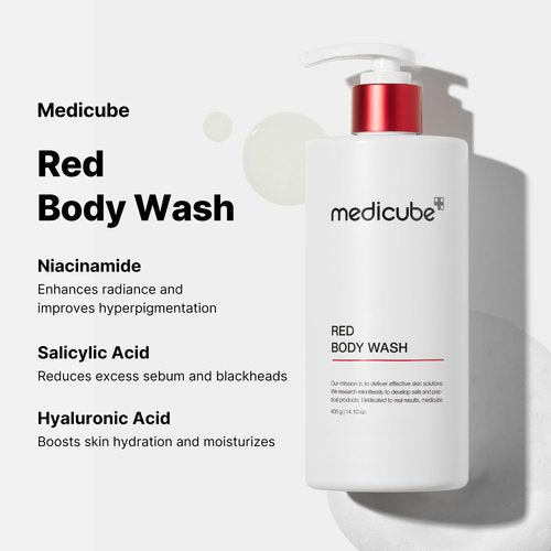 medicube red glow body essentials: Red Body Peeling Shot Body Spray Cleanser and Red Body Wash
