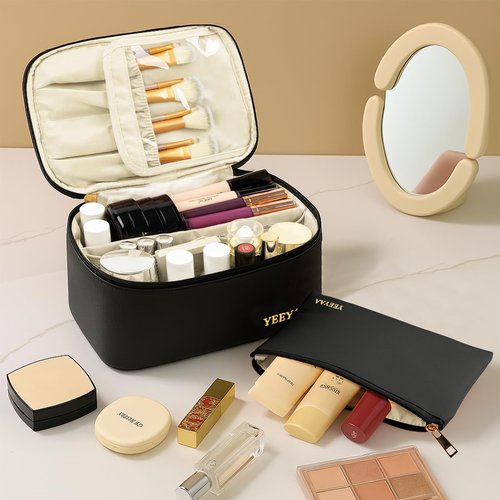 YEEYAA Travel Makeup Bag Toiletry Bag Waterproof Large Capacity Cosmetic Bags for Women Portable Make up Organizer Pouch With Divider Vegan Leather 2PCS Gifts for Mother Girls Black