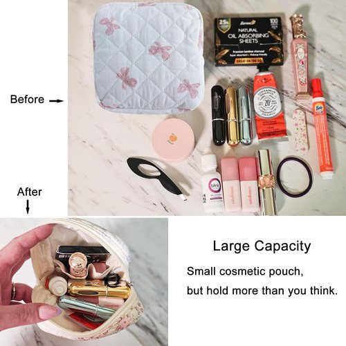 DMDFAN 2 Pack Small Quilted Cotton Makeup Bag for Purse, Cute Cosmetic Bag with Compartments Bows, Bear Pouch Travel Toiletry Bag, Small Essential Organizer Lipstick Holder (Bear+Bow)