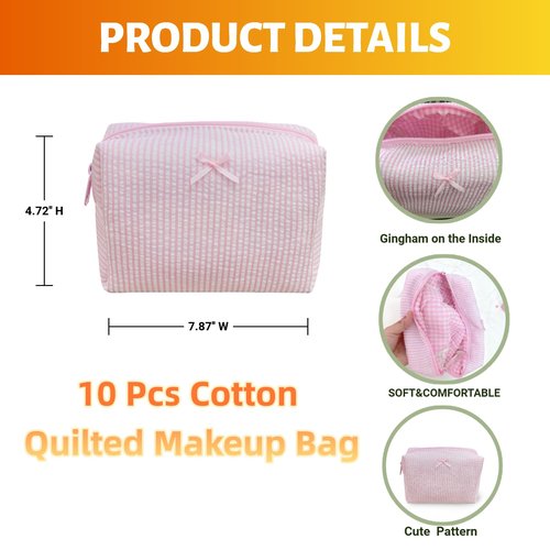 10 Pcs Cotton Quilted Makeup Bag Bulk Bow Stripe Cosmetic Pouch Make up Bag Bridesmaid Gifts Makeup Pouch with Zipper Travel Portable Case Preppy Gifts for Women (Pink)