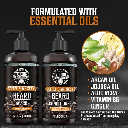 Viking Revolution Coffee Whiskey Beard Wash and Beard Conditioner Set with Argan and Jojoba Oils - Softens and Strengthens - Coffee Whiskey Scent - Beard Shampoo with Ginseng Root Extract (17 oz)