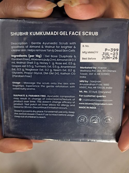Blue Nectar Kumkumadi Gel Scrub | Non-Drying Face Scrub for Glowing Skin and Tan Removal | Plant Based Vitamin E | with Almond, Turmeric and Walnut, (10 Herbs, 1.76 fl oz)
