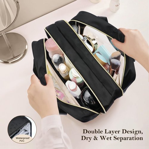 Yowivon Extra Large Travel Pouches for Toiletries, Waterproof Preppy Makeup Spf Sunscreen Skin Care Snack Bag, Clear Tote Bag for Beach, Camping, Business Trips, Swimming, Stadium Event, Black, XL