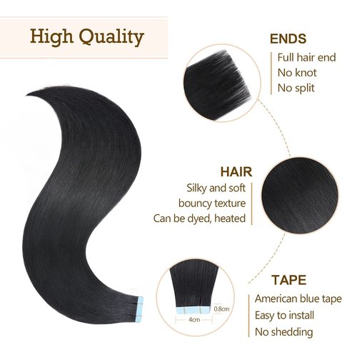 AGMITY Tape in Hair Extensions 100% Remy Human Hair Jet Black 20 inches 20pcs 50Gram Seamless Skin Weft Straight Real Human Hair Tape in Extensions(20 inches #1 Jet Black)