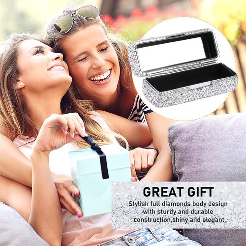 Homfanseec Rhinestone Lipstick Case with Mirror, Bling Crystal Lipstick Case Diamonds Makeup Cosmetic Storage Box Holder for Purse Ladies Fashion (Silver Color)