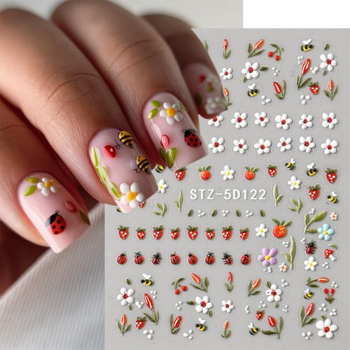 JMEOWIO 3D Embossed Flower Fruit Nail Art Stickers Decals Self-Adhesive 5D Nail Supplies Nail Art Design Decoration Accessories 4 Sheets