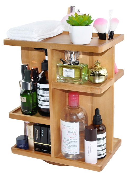 Spiretro Rotating Cosmetic Modular Organizer, Multi-Function Storage, 360 degree Carousel for Makeup, Toiletries, Vanity, Desk, Countertop, Bedroom, Closet, Solid Natural Wood with Acacia Brown