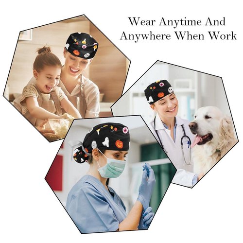 Adjustable Scrub Bouffant Caps, 2 Packs Candle Skull Ghost Halloween Working Hat Hair Cover with Ponytail Pouch, Soft Surgical Nurse Cap