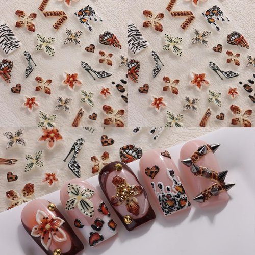 2 Sheets Fall Winter Brown Leopard Flower Nail Art Sticker 5D Self-Adhesive Hibiscus Flower Nail Decals Leopard Print Pattern Nail Design Leopard French Heart Nail Supplies for Women Manicure Decor