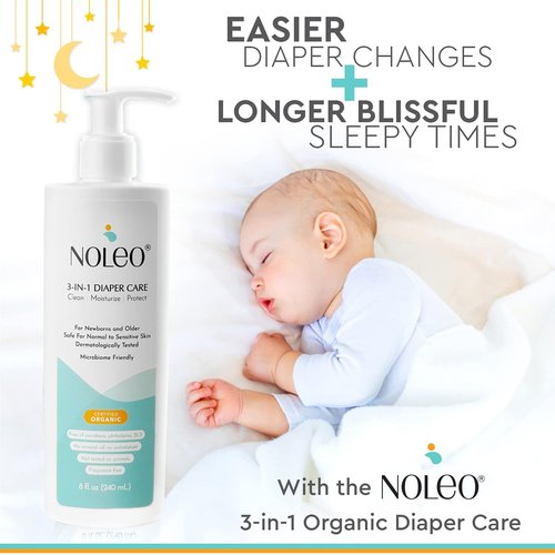 Noleo 3in1 Diaper Care with Organic Cotton Rounds - 300ct Lint Free Small Cotton Rounds - 8oz All-in-One Baby Cleanser, Lotion & Diaper Rash Cream