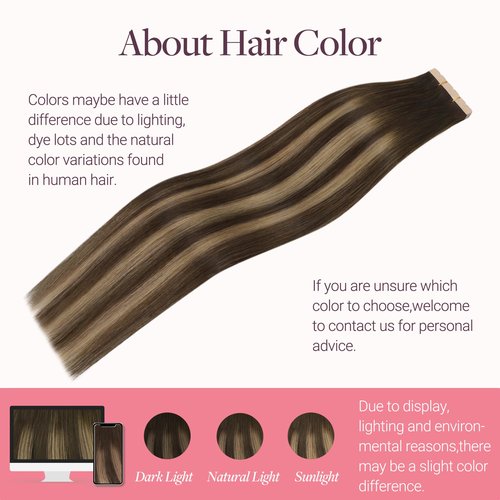 GOO GOO Tape in Hair Extensions Human Hair, 4/27/4 Balayage Chocolate Brown to Caramel Blonde, 16inch 40g 10pcs, Mini Tape Cut to Fit，Skin Weft Seamless Invisible, Remy Human Hair