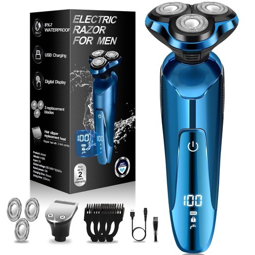 Electric Razor for Men, Mens Shaver for Wet Dry Beard/Sideburns/, Cordless Electric Shavers for Men Floating Head Replaceable Blades, IPX7 Waterproof Travel Kit