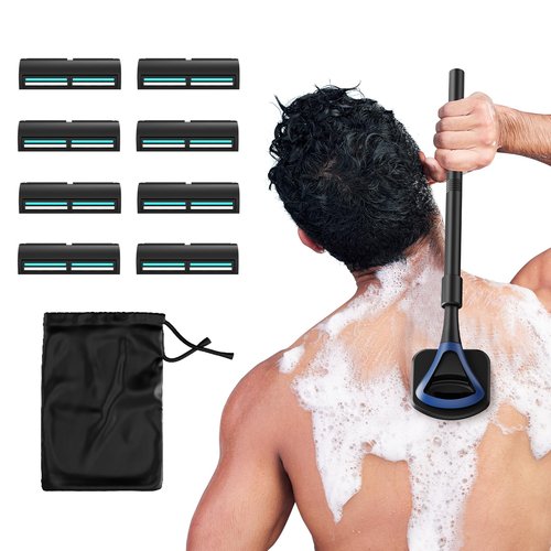ZOMU Back Shavers for Men:Back Hair Shaver and Body Shavers for Men with Safety Blade Technology & Ergonomic DIY Long Handle, Wet or Dry Shaving-Blue(Replaceable 8PCS 3.5inch Blades Included)