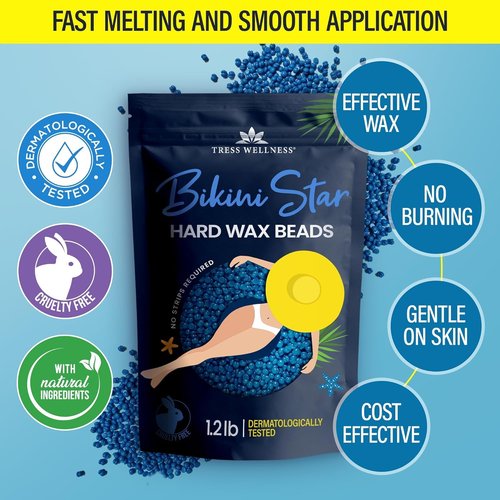 Tress Wellness Wax Beads for Sensitive Skin - Safe for Face & Skin - Dermatologically Tested - At-Home Kit for Face, Bikini, Brazilian & Full Body - Bikini Star 1.2lb