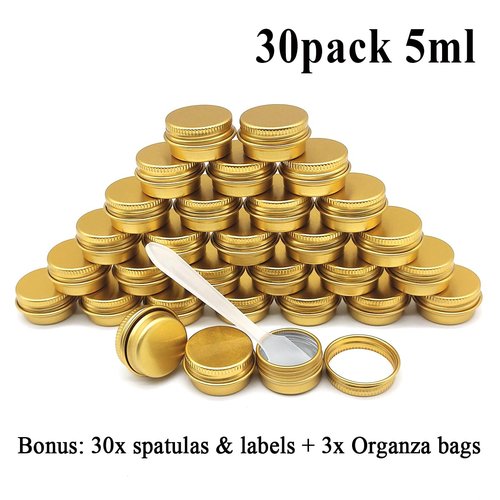 Wopanxye 30 pack 5ml Lip Balm Tin Cans, 5g Mini Aluminum Makeup Sample Containers with Screw Lid, Empty Metal Tins Pot Storage Travel Jars for Cosmetic Cream Candle Tea, 5 Gram Small Tins, Gold Color