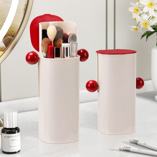 Osuke Makeup Brush Holder Organizer with Lid,Makeup Organizer with One Touch Open,4 Slot Make up Brushes Cup for Cosmetics, Make Up Brush, Bathroom Vanity Desktop Dustproof Organizers