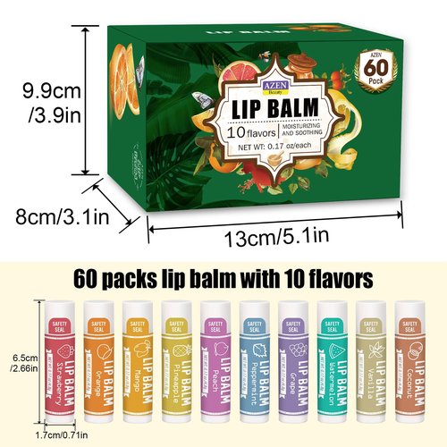 AZEN 60 Pack Natural Lip Balm, Moisturizing Lip Care Product for Dry Cracked Lips (C-60) - 10 Flavors