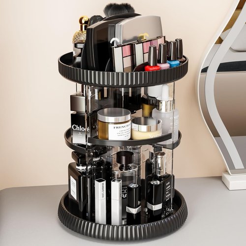 Yieach Rotating Makeup Organizer,Adjustable Spinning Skincare Organizer,Counter Top,Vanity Organizers and Storage for Brush,Perfume,Bathroom Lazy Susan Organizer for Skin Care,Beauty Product,Black