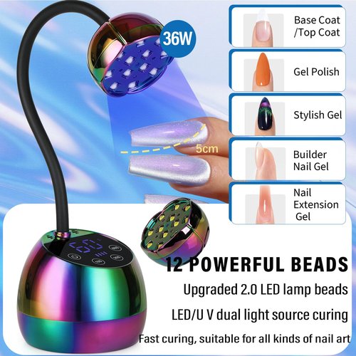 PHAIN U V LED Nail Lamp - 36W Mini Cordless Flash Cure Lamp for Gel x Nails,Gooseneck Portable Gel Nail U V Light Nail Dryer Auto Sensor with 3 Timers and LCD Display for Home DIY