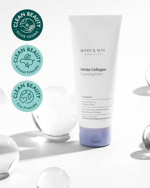 Mary&May White Collagen Cleansing Foam Duo Twin Pack - Deep Cleansing, Hydrating Formula for Firm and Radiant Skin with Niacinamide - Korean Skincare, EWG Green Grade, Hypoallergenic