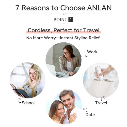 Cordless Hair Straightener Brush, ANLAN Portable Straightening Brush for Travel, Mini Hot Ionic Straightener Comb for Women, Rechargeable & Travel-Friendly for All Hair Textures, White