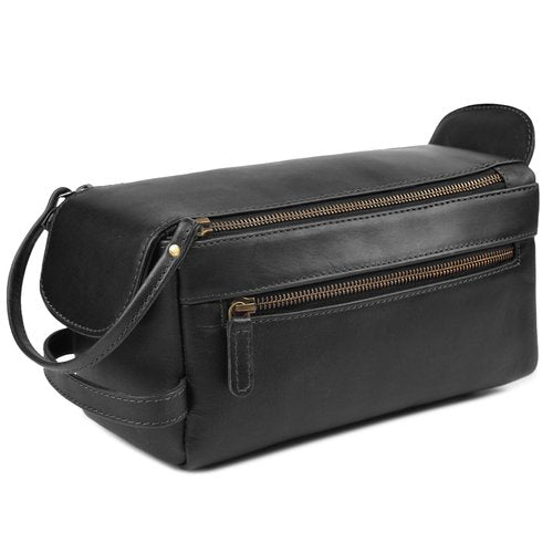 Genuine Leather Travel Toiletry Bag for Men & Women – Unisex Water-Resistant Travel Dopp Kit, Shaving Organizer & Compact Bathroom Essentials - Midnight Black