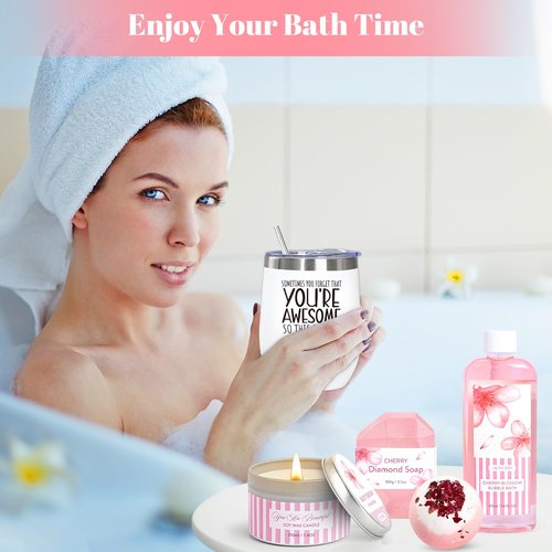 Bath Gift Set For Women, 12PCS Bath Sets For Women Gift, Birthday Valentine's Day Gifts Self Care Package for Her Mom Friend Sister Wife, Cherry Blossoms Relaxing Spa Gift Basket