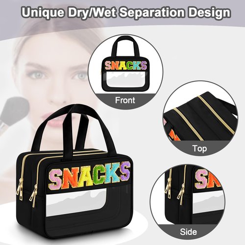 Chenille Letter Clear Makeup Bag, Preppy Clear Snack Bags with Zipper, Stuff Bag Waterproof Sunscreen Bag Travel Toiletry Bag Cosmetic Pouch for Women and Girls (Snacks, Plus Size)