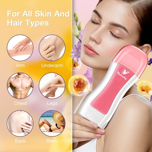 Vuteehy Roll on Wax Kit, Rolling Wax Hair Removal Kit for Women Men, Waxing Kit for Hair Removal, Roller Waxing Kit with 2 Honey Cartridges, 50 Pcs Strips