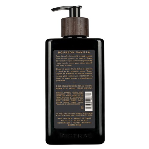Mistral Bourbon Vanilla Liquid Hand Soap for Men | Luxury Moisturizing Handsoap with Organic Olive Oil, Glycerin and Coconut Oil | Rich Lather | Paraben-Free | Made in France – 16.9 Fl Oz